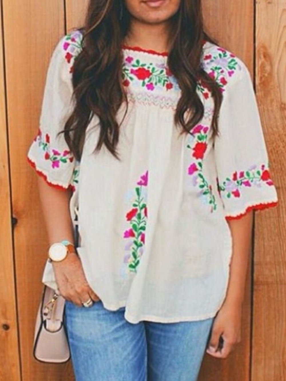 SIREN La Marina Rainbow Embroidered Floral Cotton White Mexican BOHO Blouse Top